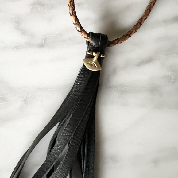 Handcrafted Leather Tassel Necklace with Braided Cord & Brass Eye Charm - Picture 3 of 5